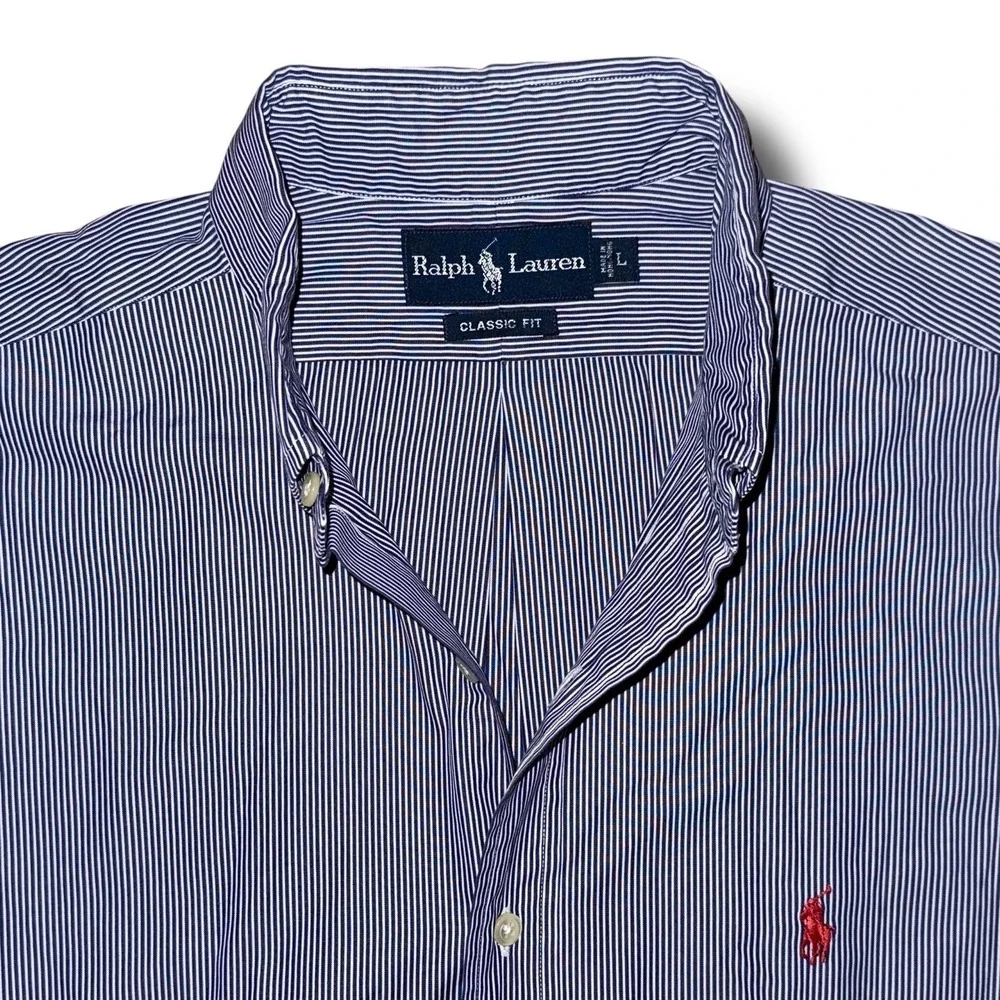 RALPH LAUREN Button Down Shirt‎ Men Large Blue Striped Classic Fit S/S